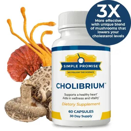 Cholibrium mushroom supplement bottle with visible label showing ten mushroom extracts and daily dosage information